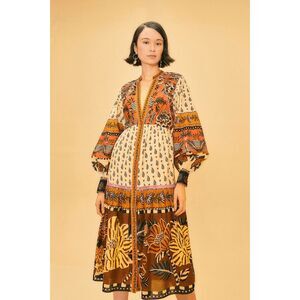 Farm Rio Beige Ainika Floral V Neck Midi Dress XXS NEW